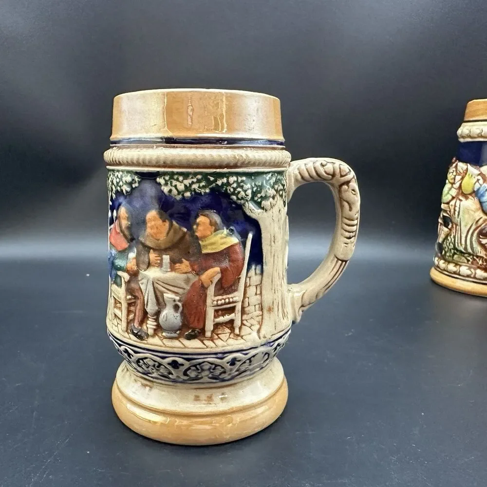 Vintage Mini Beer Steins Set of 3 Bavarian Tavern Monks Relief Ceramic Barware